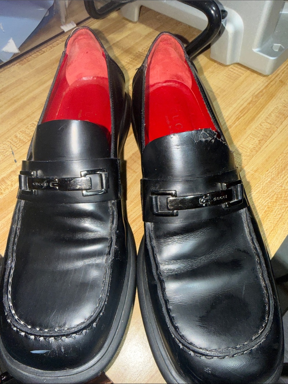 Gucci Black Leather Men's Loafers with Red Interior Size 7
